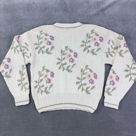 Vintage Sweater Womens M White Floral Pullover‎ Chunky Knit Cottage Prairie - Picture 3 of 9